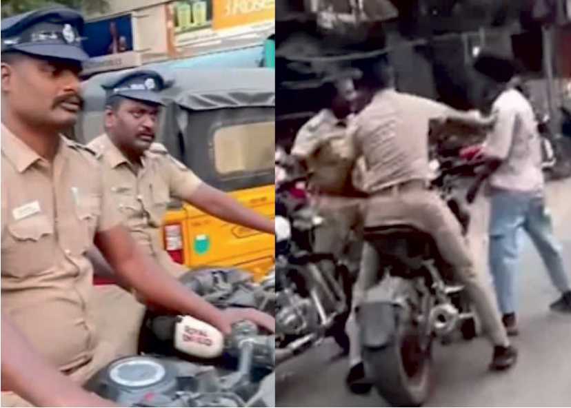 நம்பர் பிளேட் இல்லாமல் பைக்கில் வந்த இளைஞரை கன்னத்தில் அறைந்த வீடியோ வைரல்!!