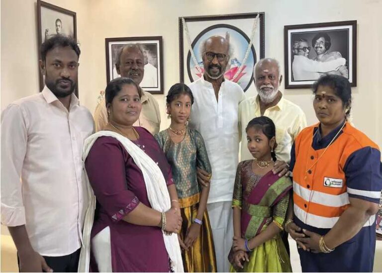 தூய்மைப் பணியாளரின் நேர்மையை பாராட்டி தங்கச் சங்கிலி வழங்கிய ரஜினிகாந்த்!!