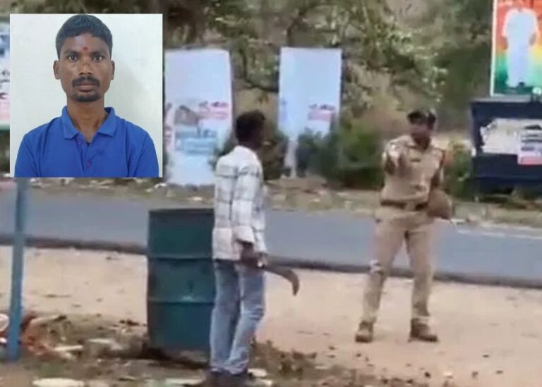 போதை ஆசாமியின் அட்ராசிட்டி..!! அரிவாளைக் காட்டி காவல்துறையினரை மிரட்டிய வீடியோ வைரல்!!