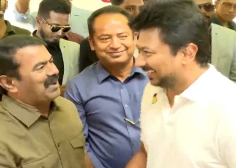 அப்பா நல்லா இருக்காருங்களா... உதயநிதியிடம் கைகுலுக்கி நலம் விசாரித்த சீமான்!